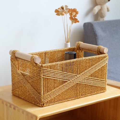 日式简约木把手客厅整理收纳框