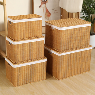 日式编织大号带盖收纳箱仿藤编收纳盒家用衣服玩具整理储物箱子