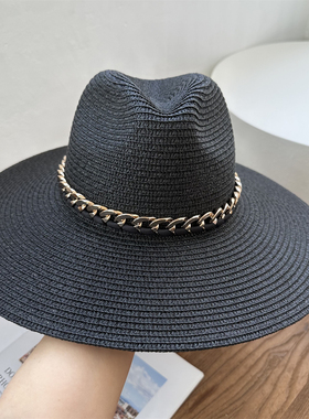欧美嘻哈黑色帽子亚克力链条10cm爵士草帽街拍时尚遮阳巴拿马礼帽