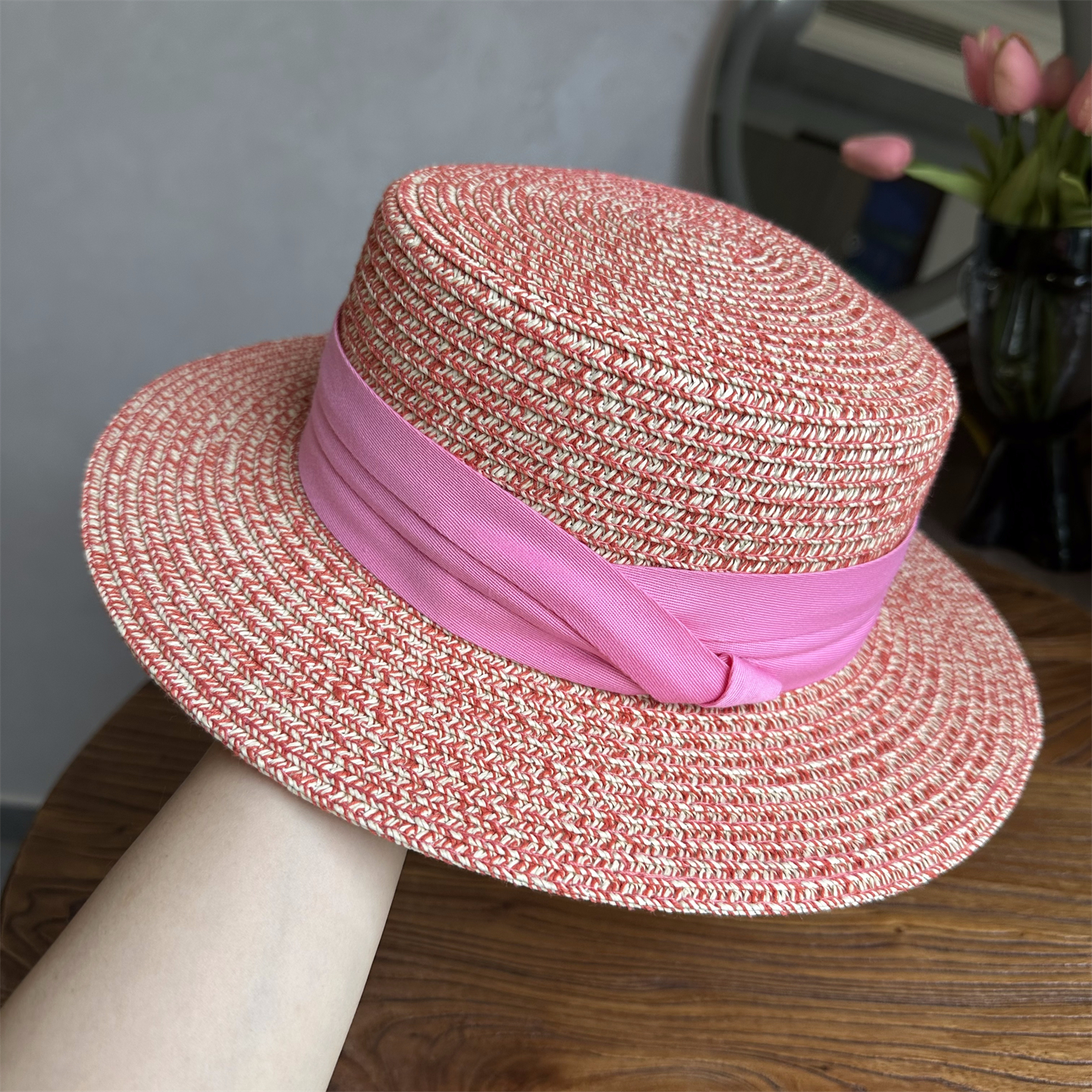 法式平顶帽草帽女英伦粉色宽沿礼帽粉色草编帽子出游遮阳帽沙滩帽