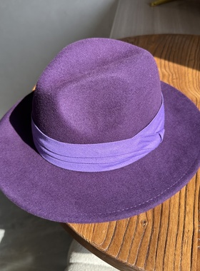 洋气紫色羊毛呢礼帽女英伦复古绅士帽子秋冬舞台爵士帽平沿帽男