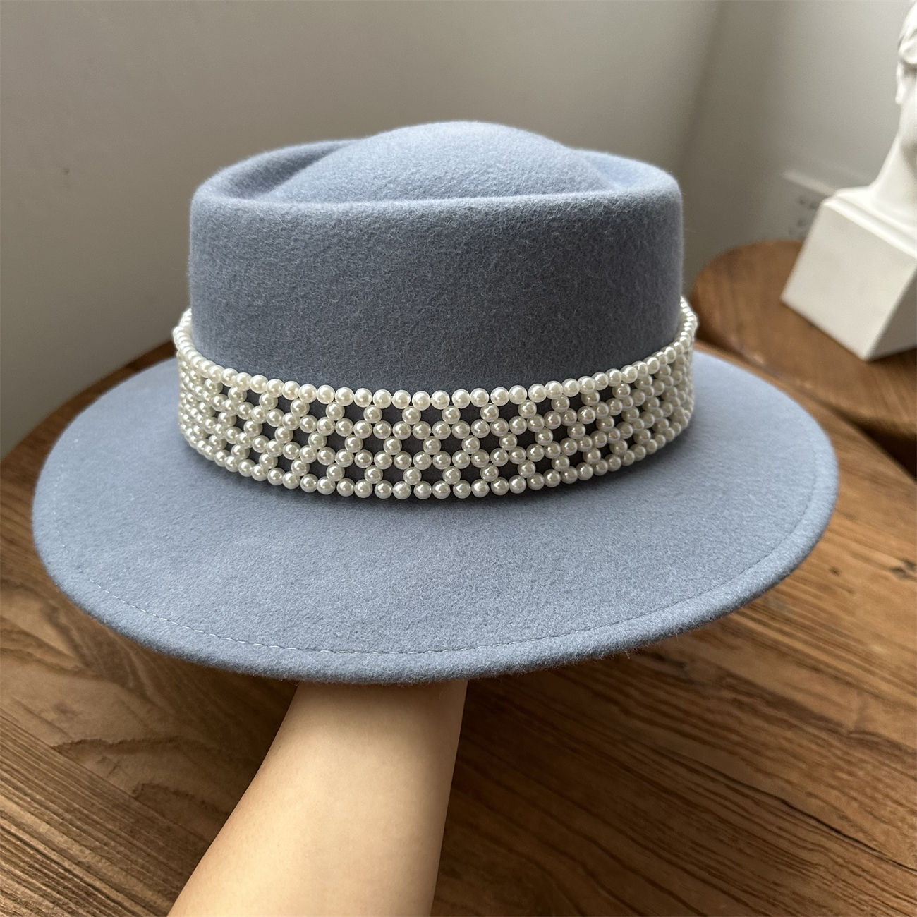 法式秋冬凹顶平沿羊毛呢礼帽女天蓝色宽沿英伦休闲帽子毛毡帽逛街