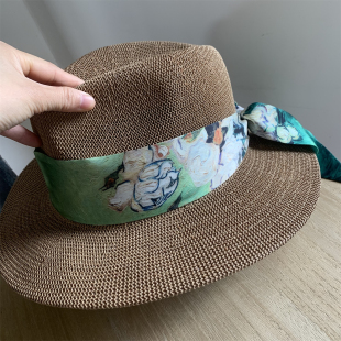 夏季 优雅白玫瑰飘带礼帽巴拿马草帽女休闲百搭宽檐草帽子宽遮阳帽