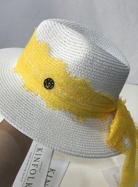 帽子女士夏天休闲M标黄色蕾丝带巴拿马草帽大沿时尚礼帽英伦度假