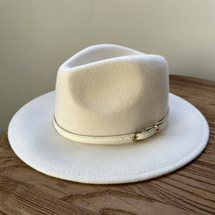 法式 高品质白色羊毛呢礼帽英伦复古风女气质简约平沿平顶爵士帽子
