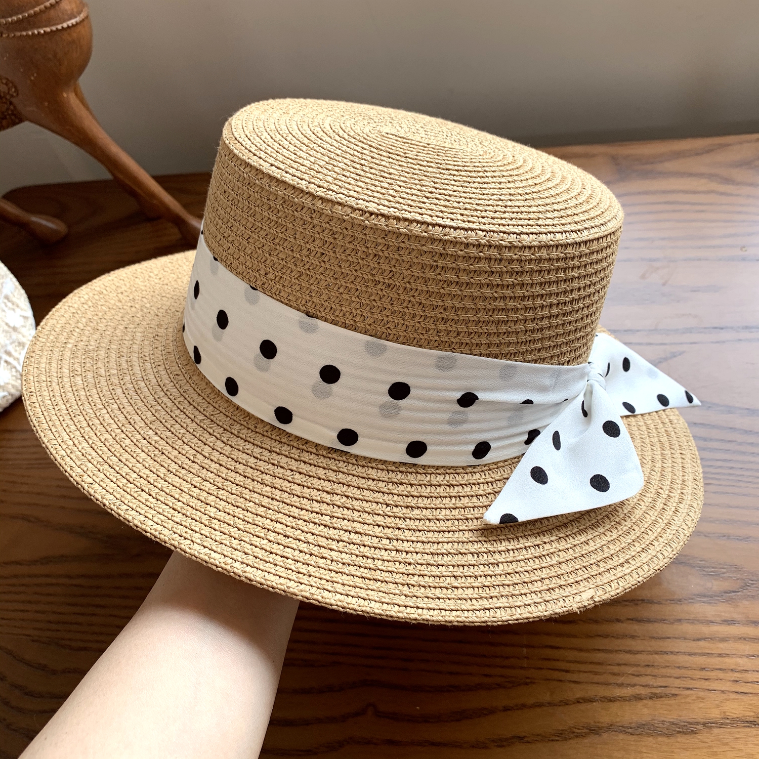 仙女款洋气百搭时尚帽子女夏波点沙滩帽防晒遮阳太阳帽女平顶草帽