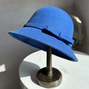 赫本千金风宝蓝色渔夫帽子女法式 复古小香风礼帽纯澳羊毛秋冬盆帽