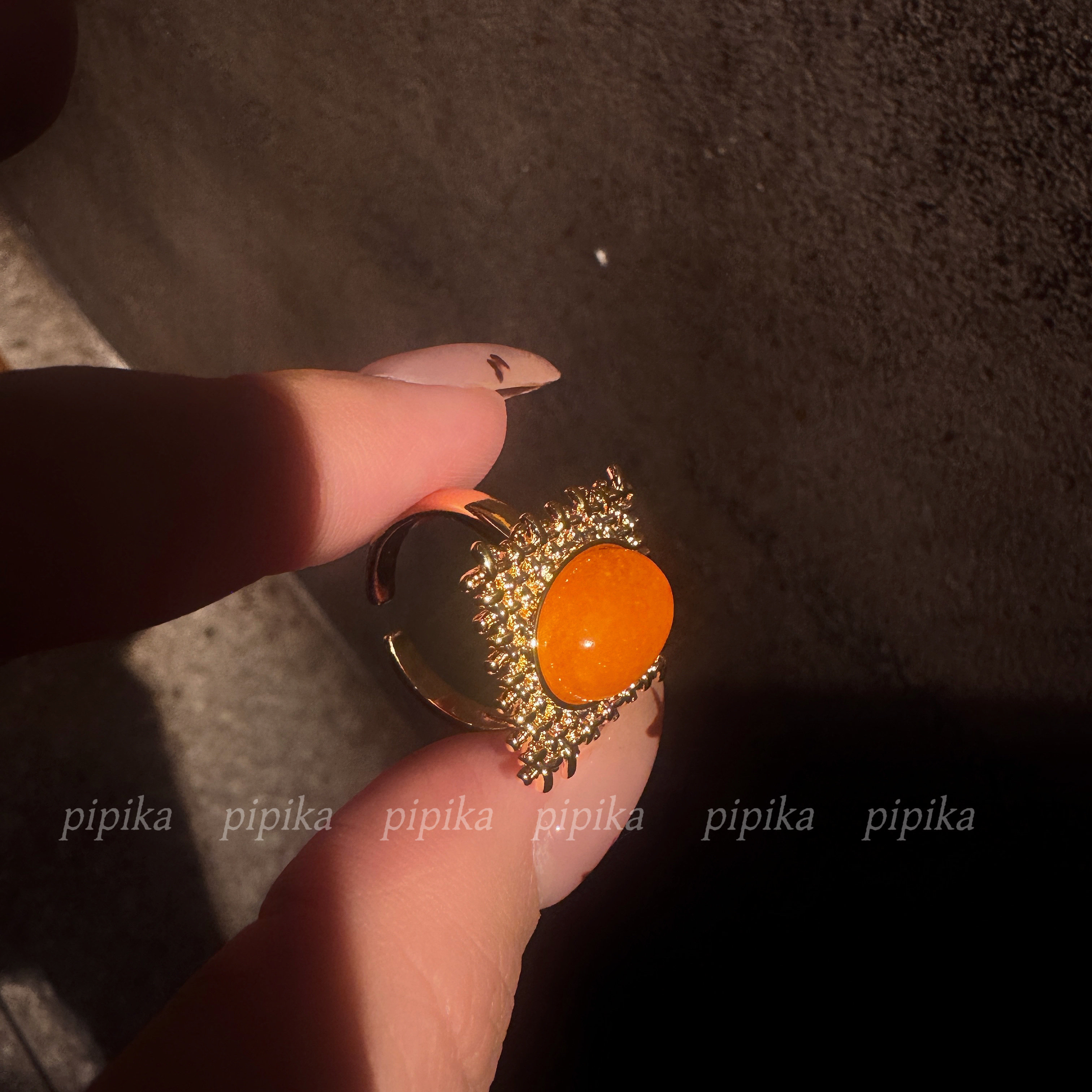 pipika韩版定制复古方形金缕秋石戒指女小众设计感开口指环食指戒