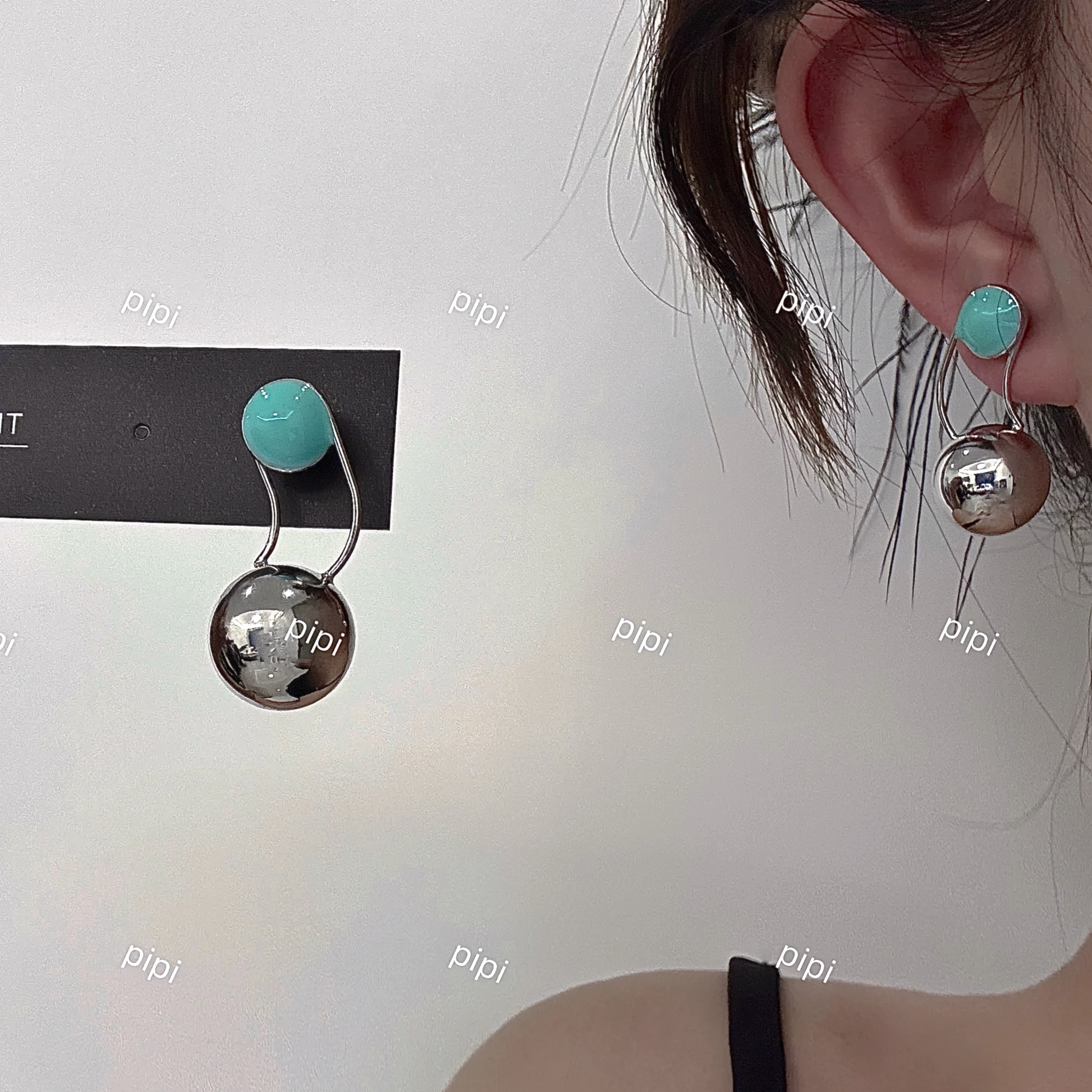 pipi原创设计蓝色配色不规则球球冷淡风耳环气质轻奢银针耳饰耳钉