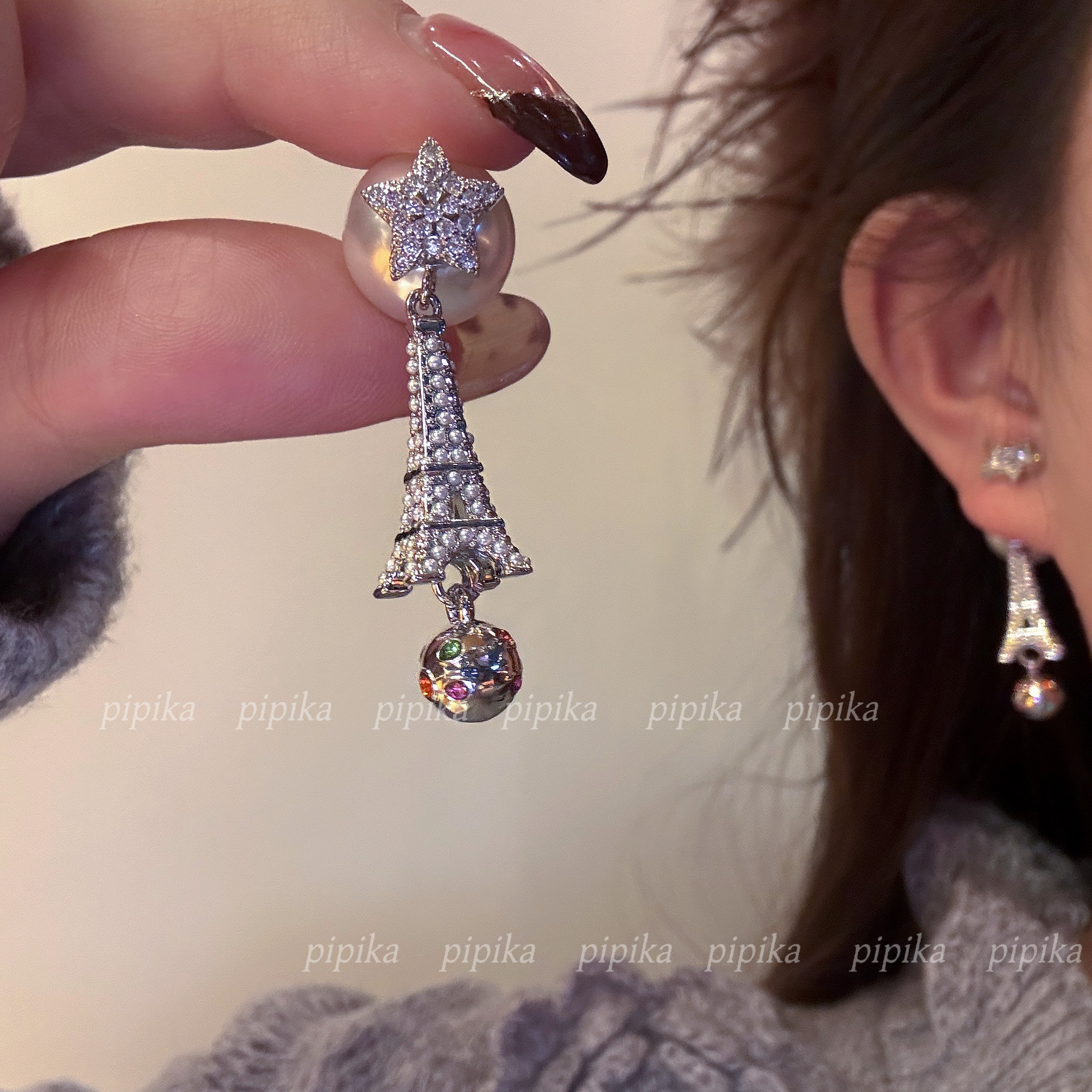 pipi原创定制彩钻星球巴黎铁塔珍珠耳环耳饰耳坠高级百搭轻奢银针