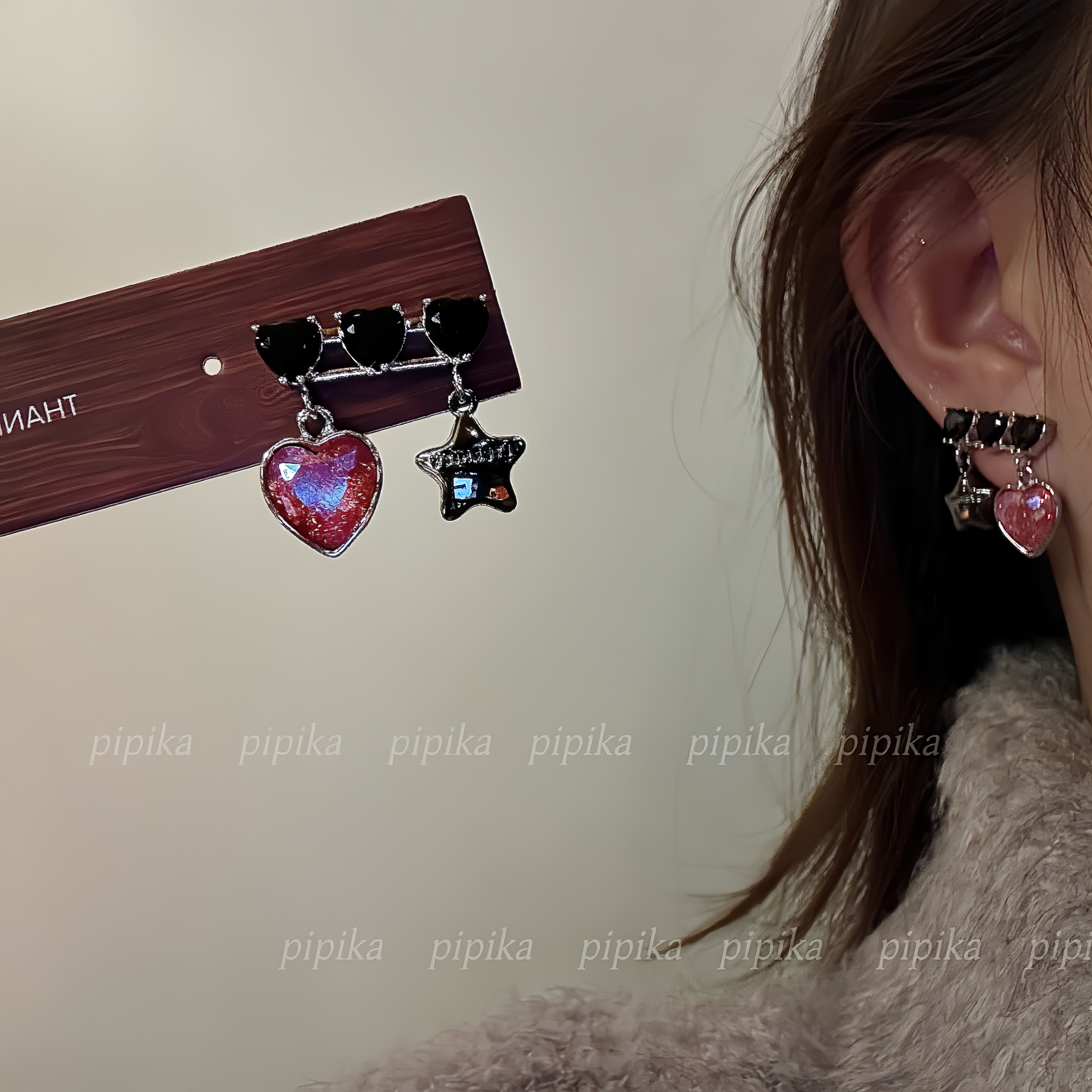 pipi原创红闪粉爱心星星耳饰黑钻甜酷风小众耳环辣妹高级感耳钉女
