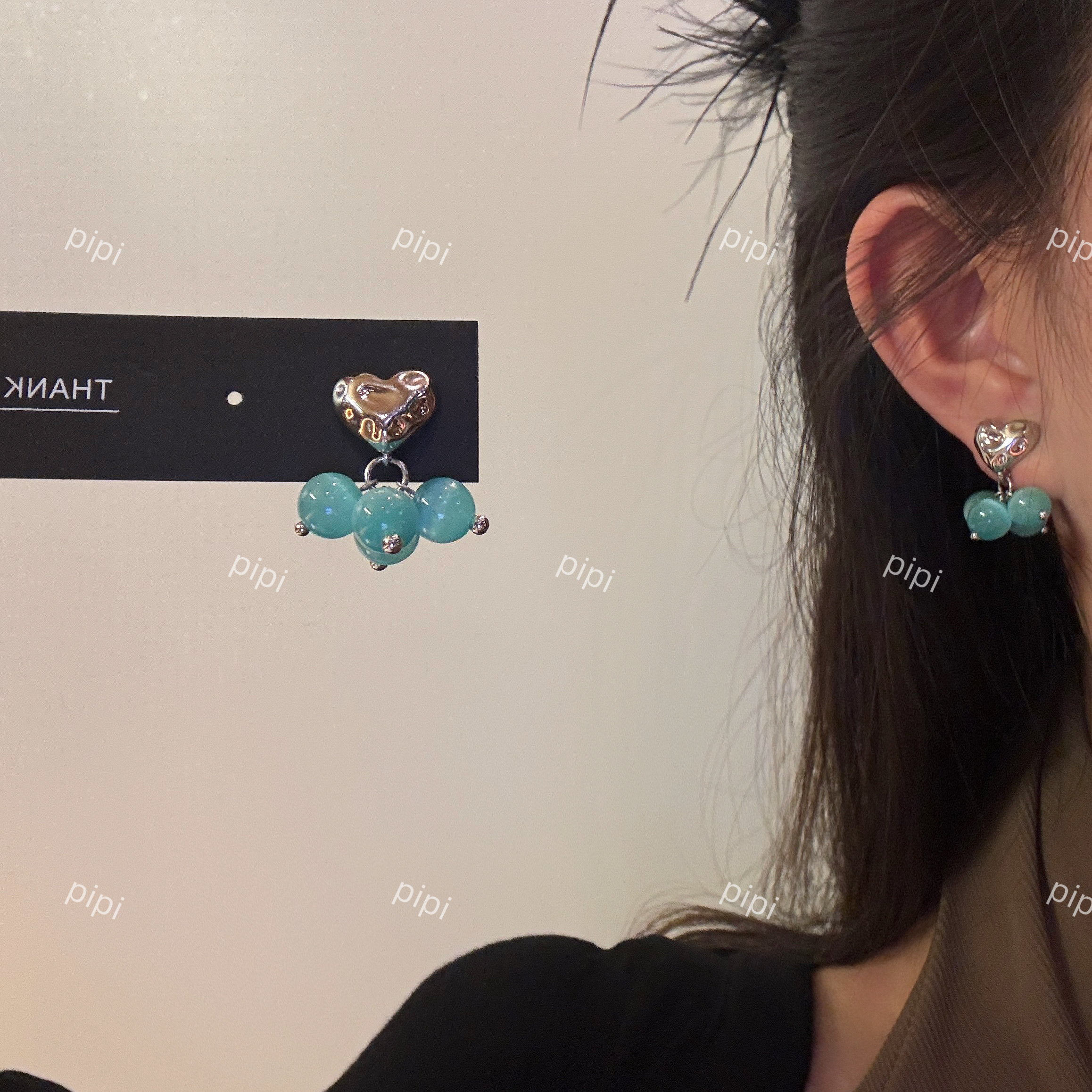 pipi原创设计蓝绿猫眼爱心葡萄串耳钉耳环耳饰女简约百搭清新银针