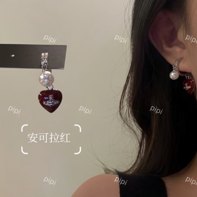 pipi原创设计爱心珠光蓝红色滴釉土星珍珠镶钻耳扣耳环耳钉百搭