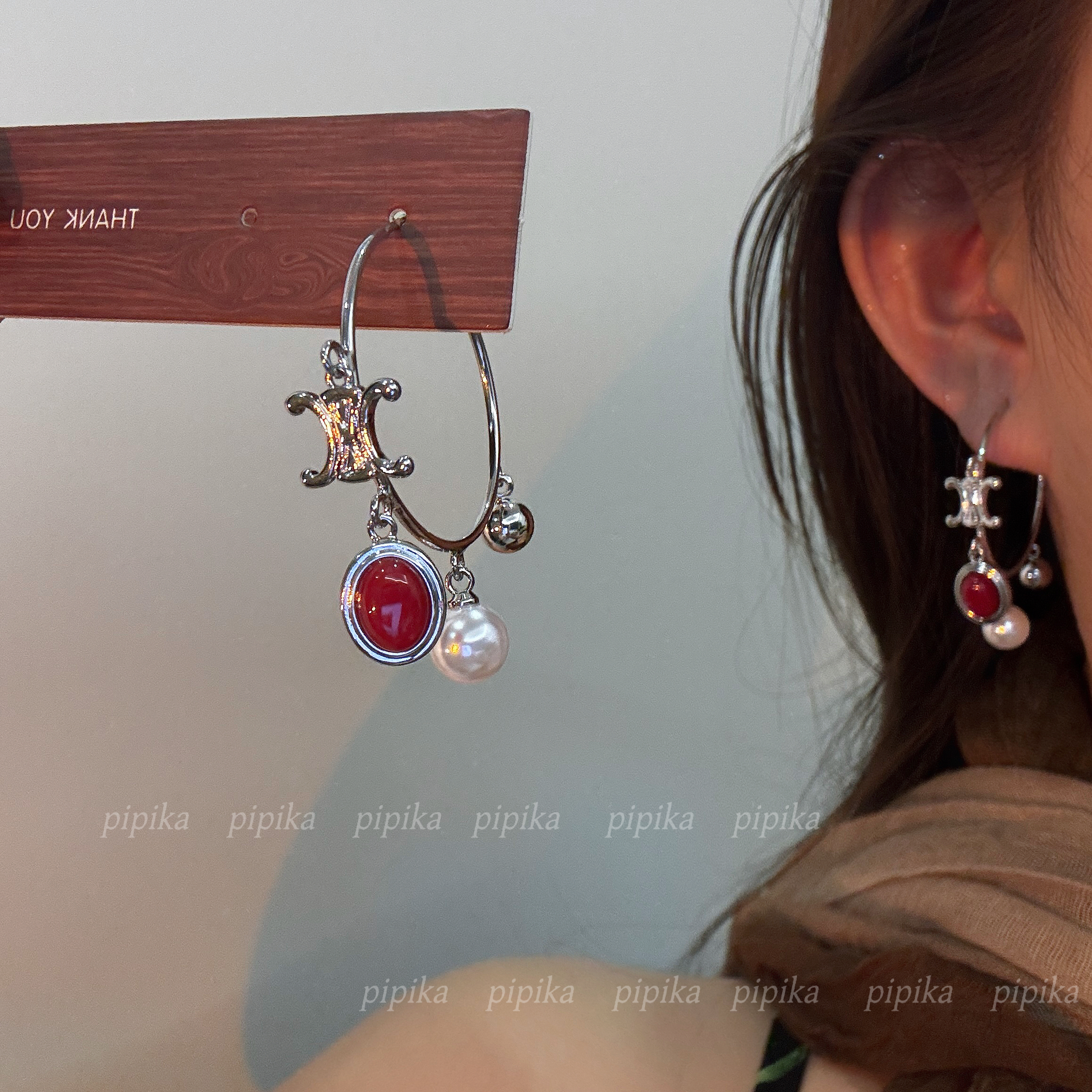 pipi原创防复古新款凯旋门球球天然石流苏耳饰百搭冷淡风耳圈银针