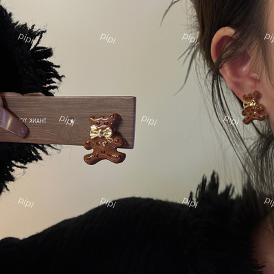 pipi原创设计蝴蝶结豹纹熊滴釉可爱气质耳钉耳环925银针