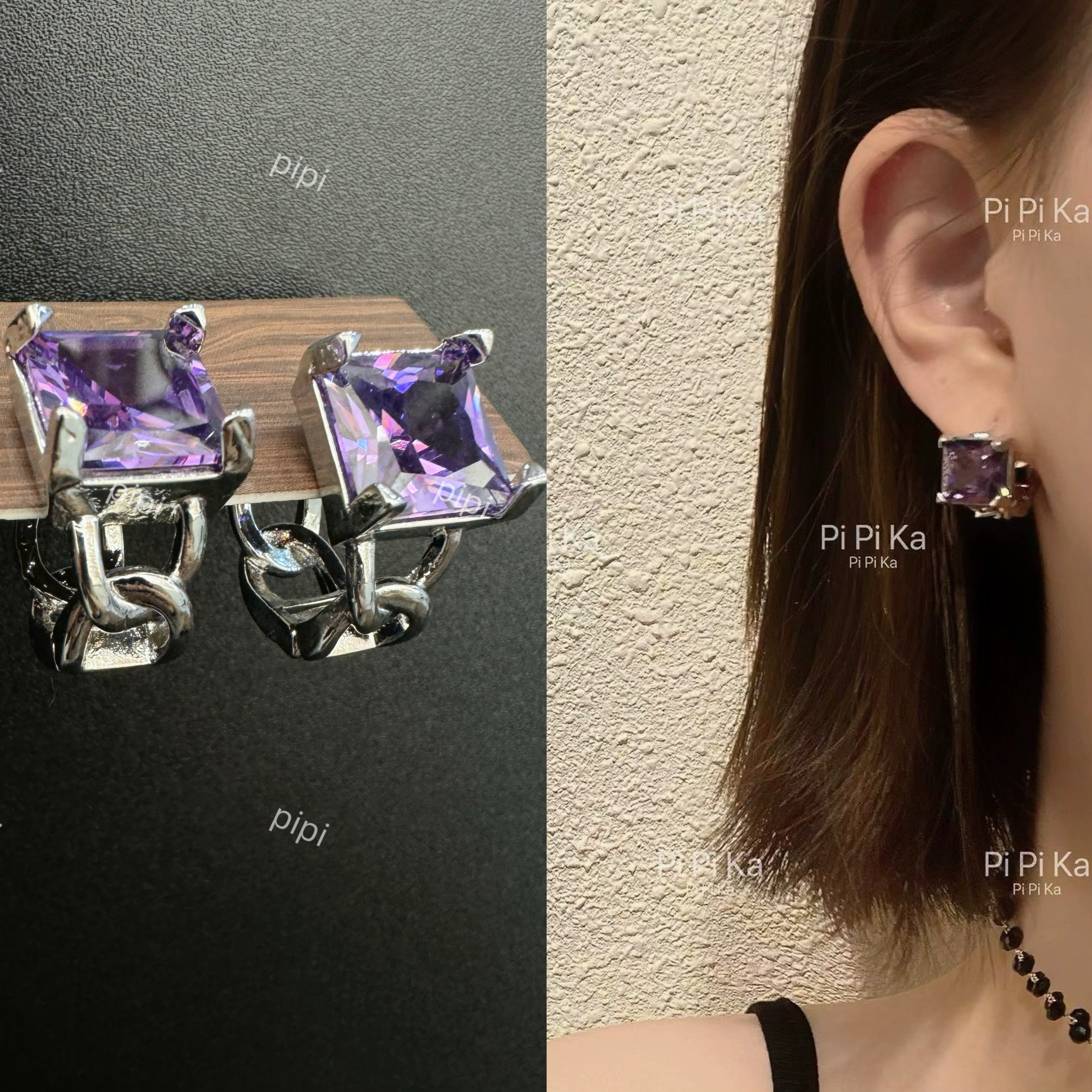 pipi～银色方形锆石耳扣女小众设计感高级重工简约百搭耳环耳饰