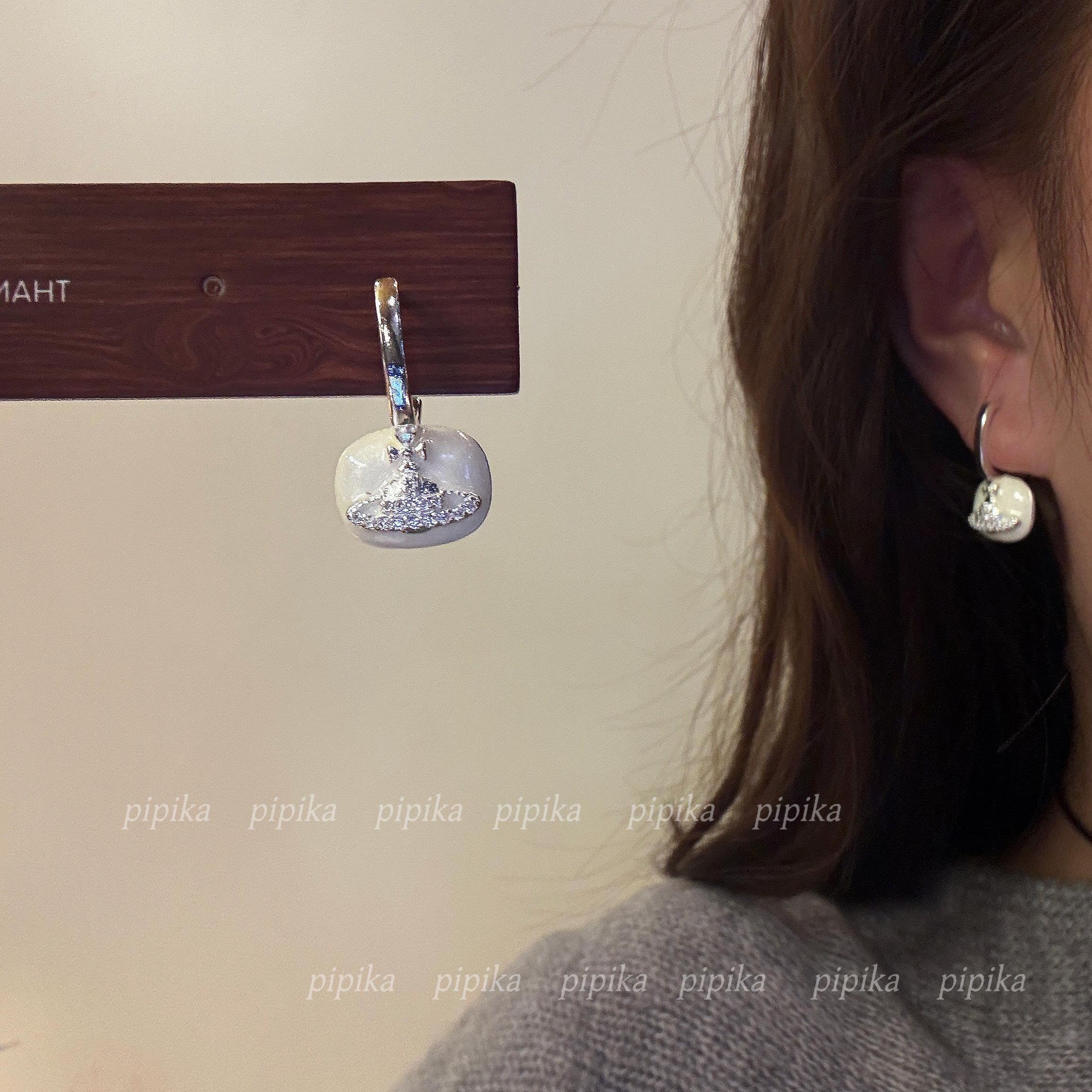 pip原创设计珐琅彩镶钻土星耳扣耳环耳饰简约百搭气质日常不过敏