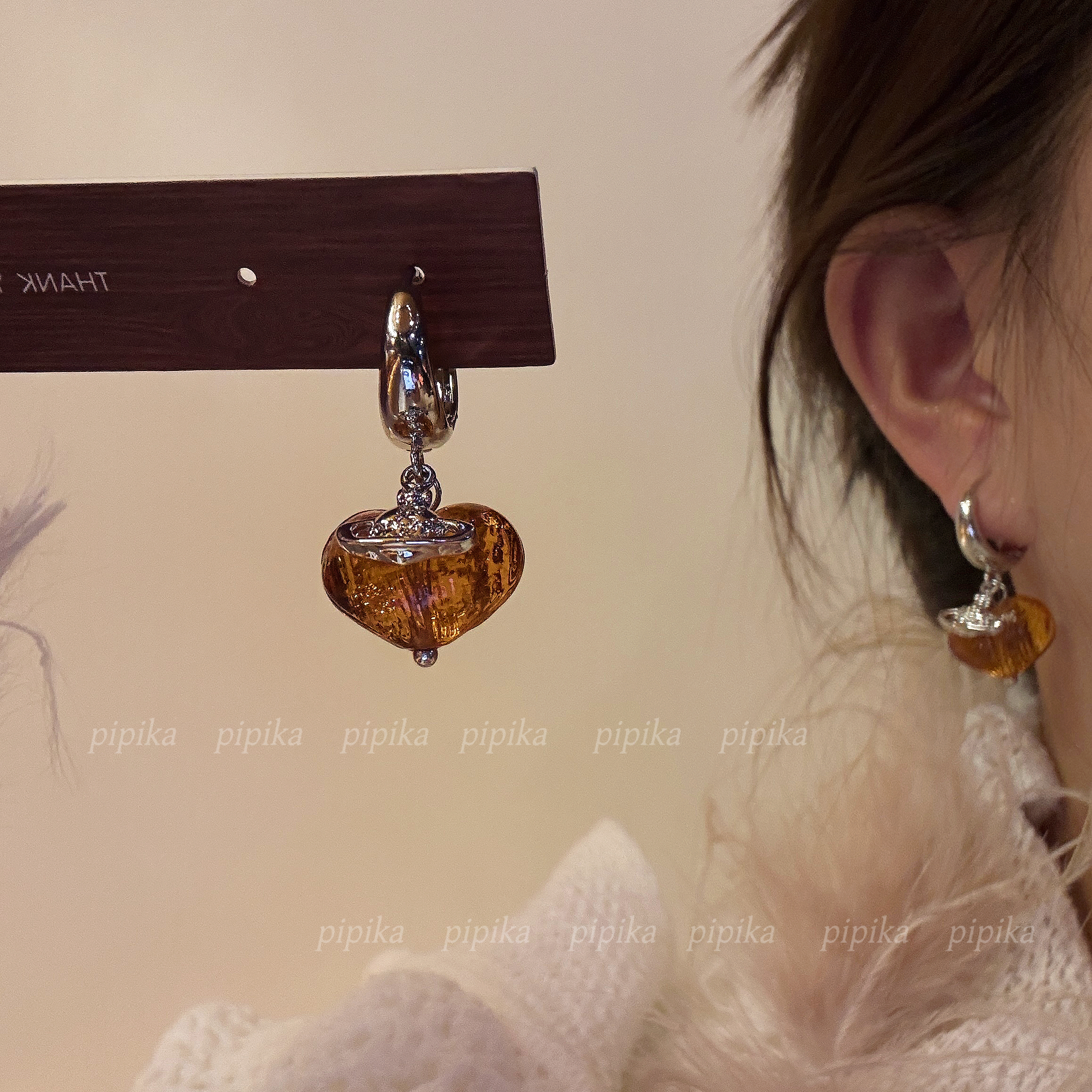 pipi原创复古琥珀色琉璃爱心土星耳环女高级气质耳圈耳扣小众耳饰