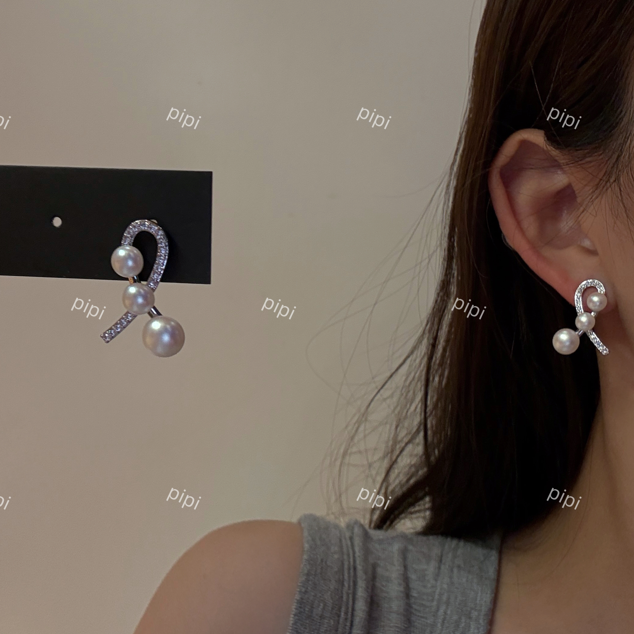 pipi小众设计温柔粉光珍珠交叉镶钻耳环耳钉百搭高级感简约纯银针