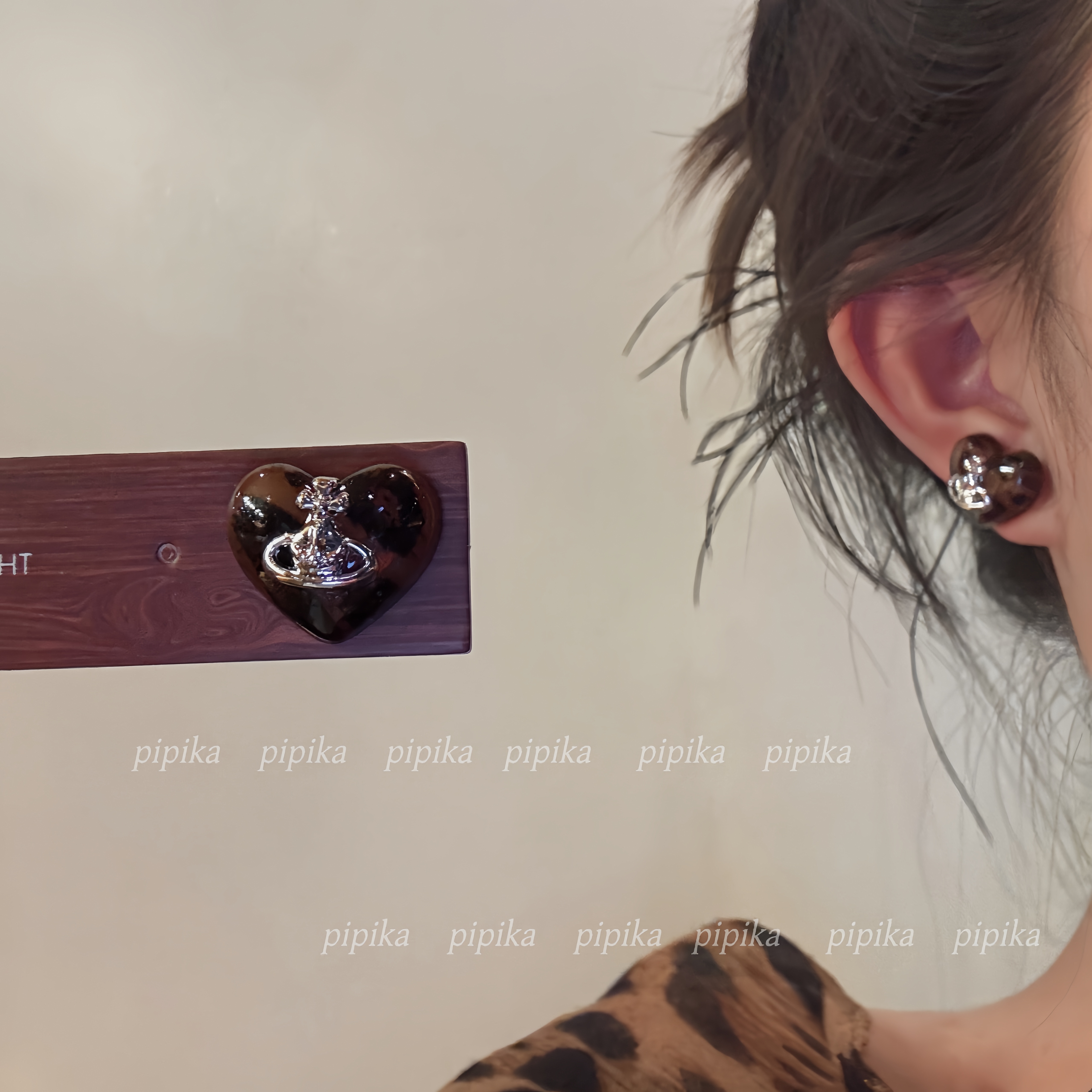 pipi原创设计秋复古爱心豹纹土星耳钉耳环耳饰高级气质925银针女