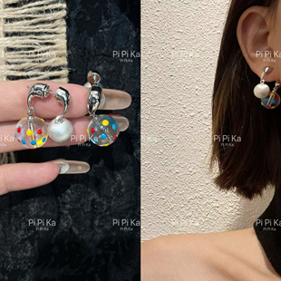 pipi彩色波点拉丝银球前后两塞冰透琉璃珠耳钉甜美银针多巴胺耳饰
