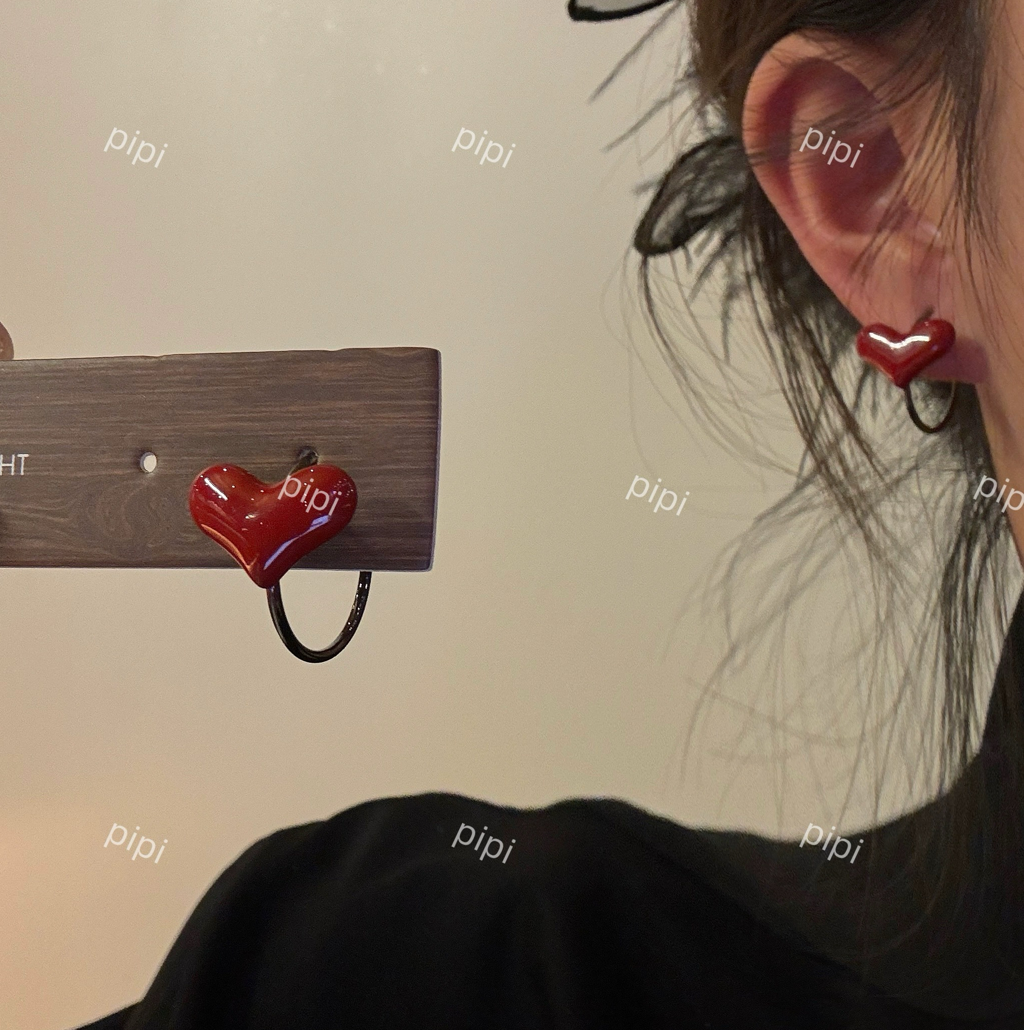 pipi韩版耳扣爱心双面百搭耳饰耳圈红色轻奢气质水滴女款双色爱心