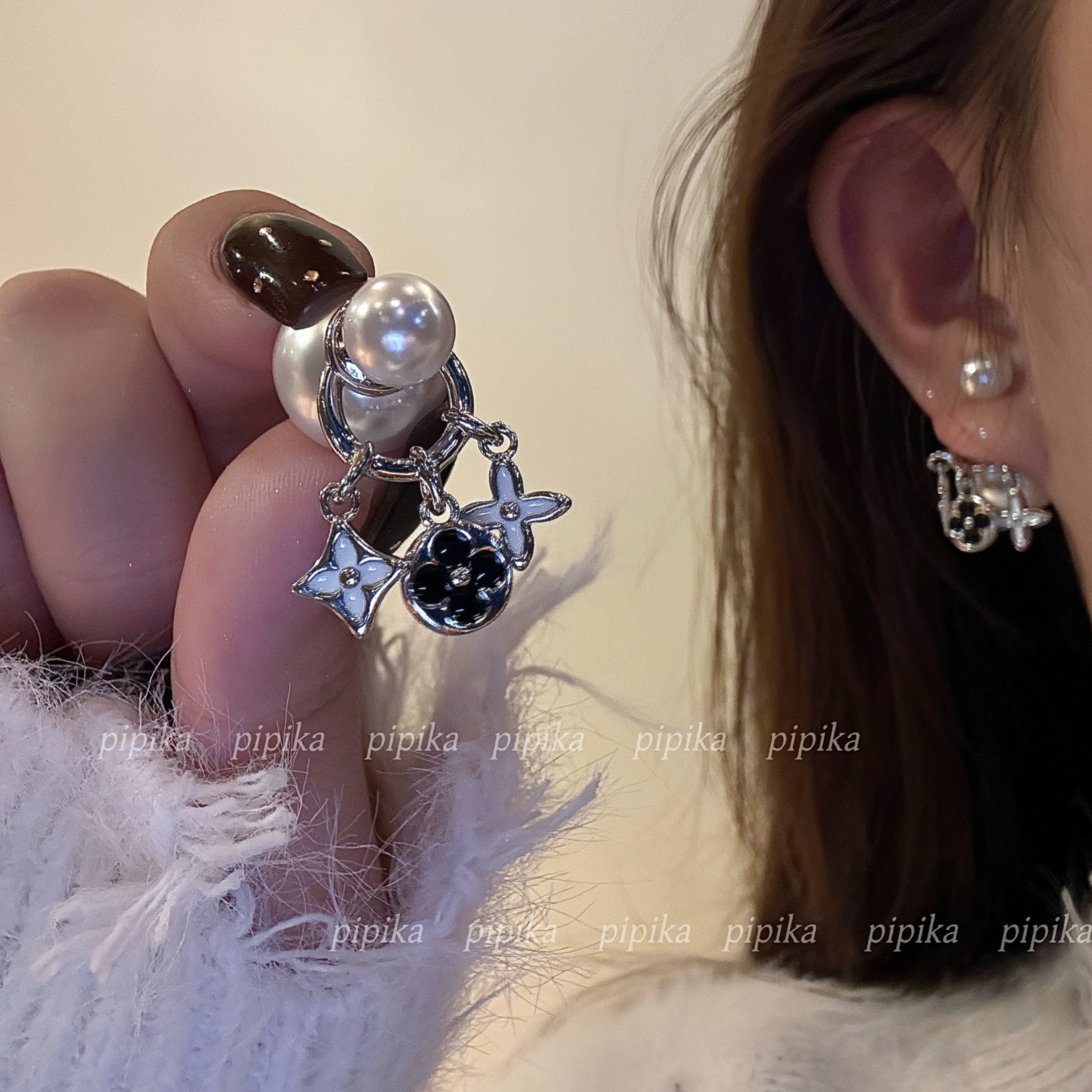 pipi～彩色轻奢风四叶草珍珠耳环女高级定制气质耳钉耳饰小众银针