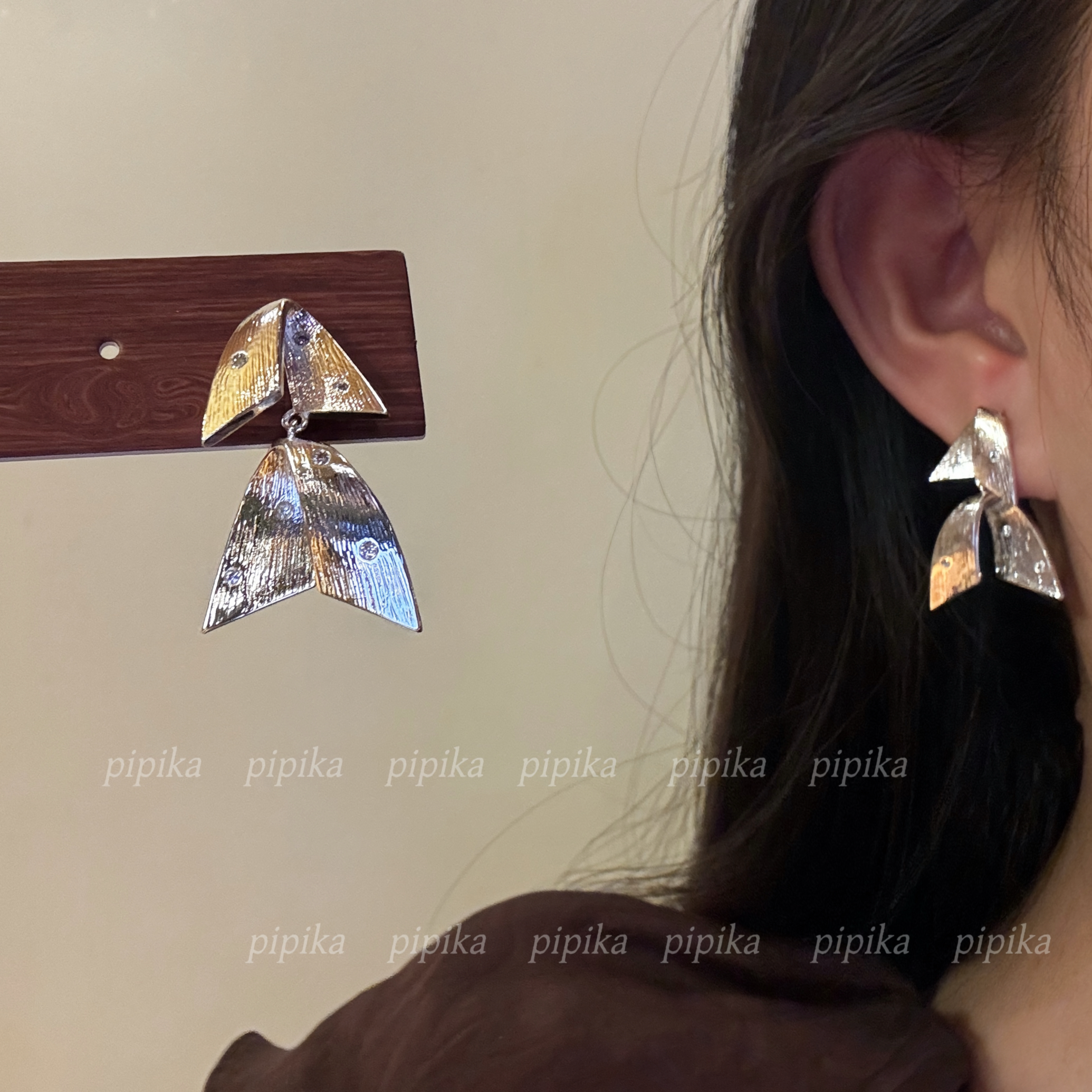 pipi银色镶钻鱼尾设计夸张冷淡风耳钉耳环耳饰女高级气质925银针