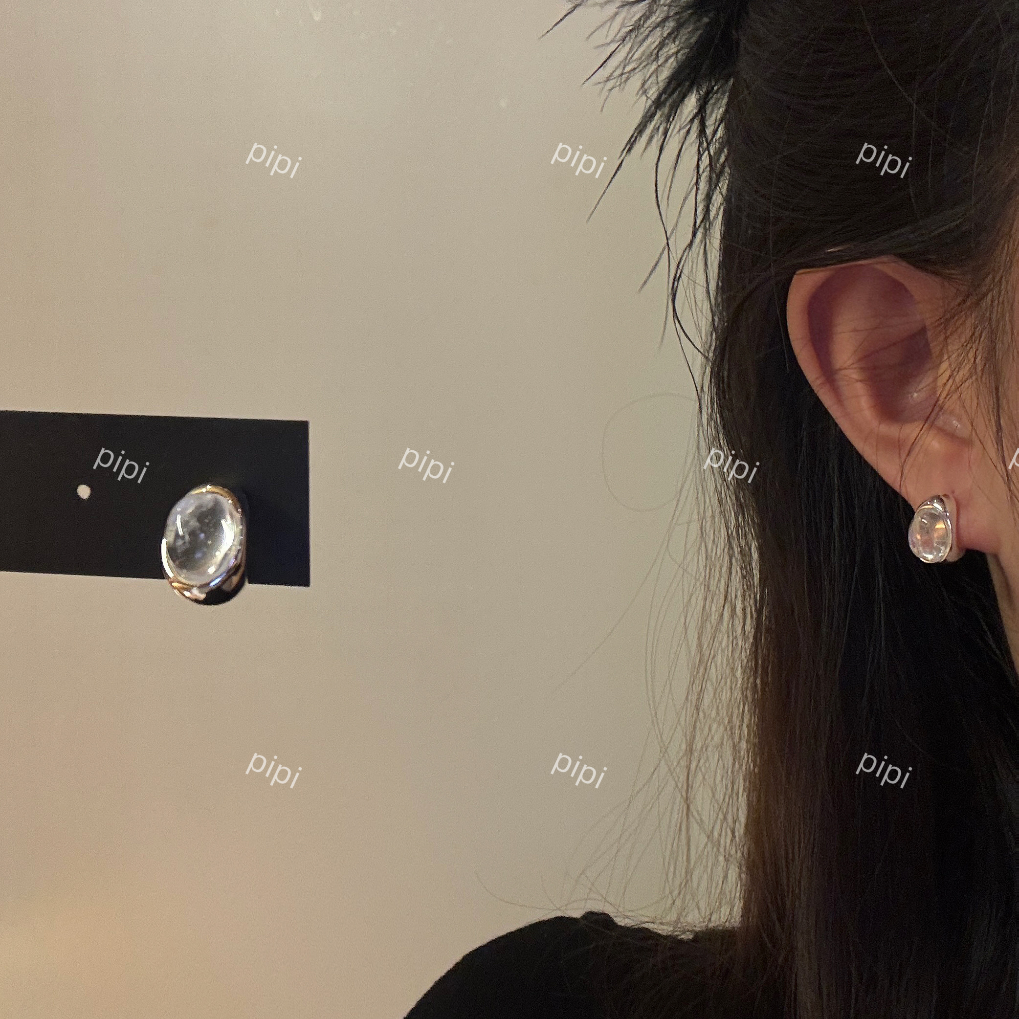 pipi小众银色椭圆豆豆天然绿玛瑙白水晶耳钉耳环耳饰简约百搭银针