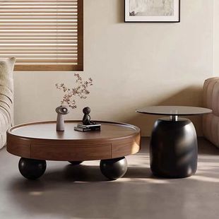 极简中古实木圆形茶几小户型侘寂风复古高级客厅家用新款茶桌桌子