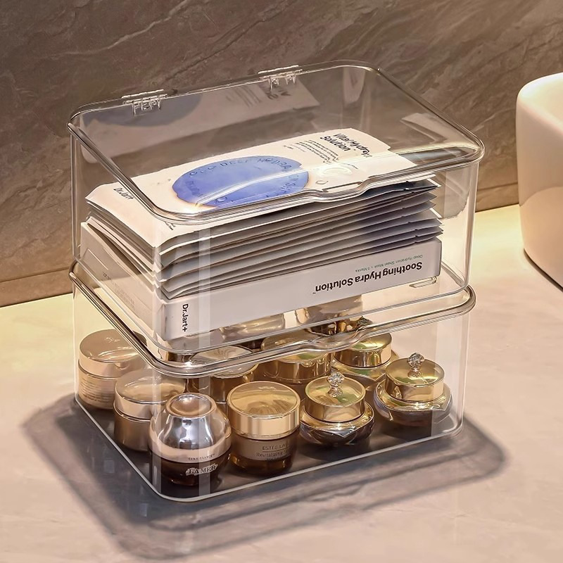面膜收纳盒翻盖加厚桌面梳妆台杂物宿舍透明防尘化妆品整理盒