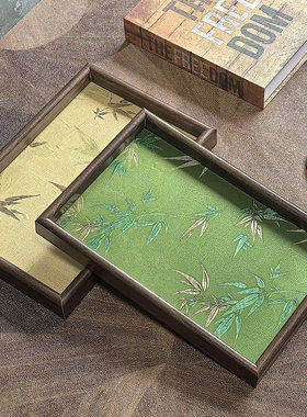 中式竹叶光影托盘客厅桌面杂物收纳木质置物盘复古感文玩茶盘