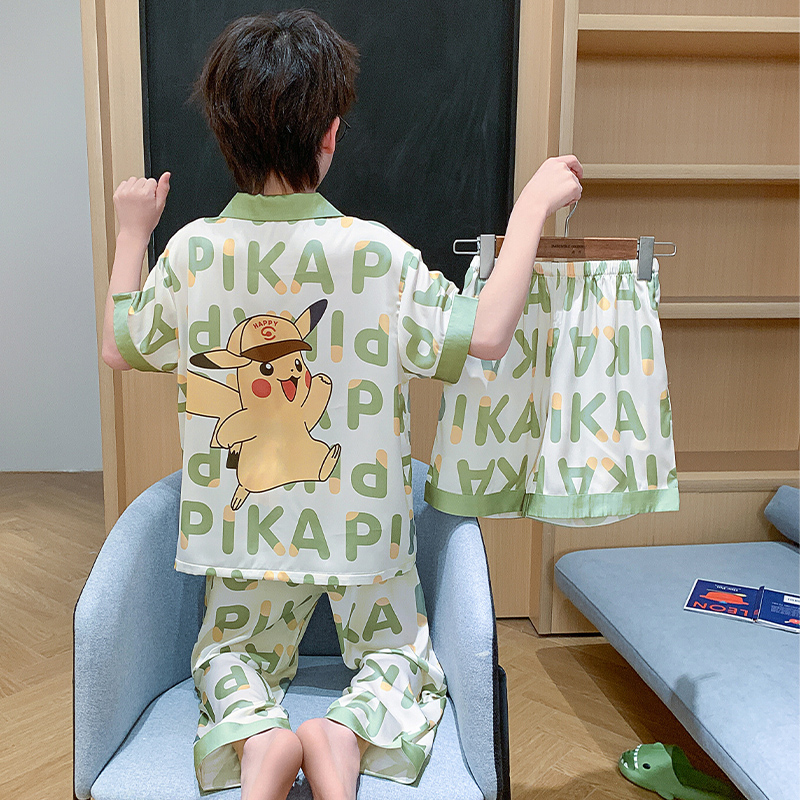儿童睡衣男童夏季冰丝短袖三件套装薄款2025新款男孩皮卡丘家居服