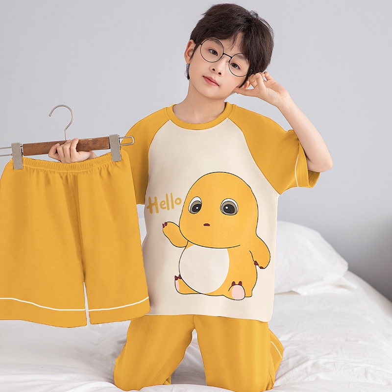 男童睡衣2025新款夏季三件套纯棉儿童短袖长裤薄款大童男孩家居服