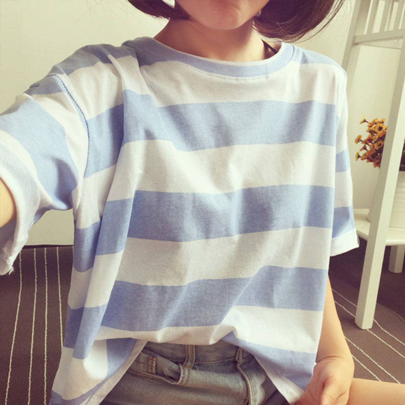 2026夏季新款韩版条纹短袖t恤女士宽松衣服上衣女装学生体恤衣服