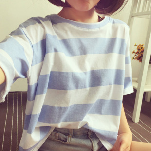 2026夏季新款韩版条纹短袖t恤女士宽松衣服上衣女装学生体恤衣服