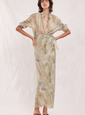 Vendy春夏新款浅绿色Cortana脏染印花宽松女绑带半身裙