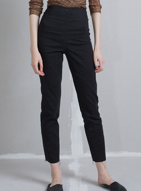 Vendy春夏新款Cortana黑色亚麻高腰收腰纯色通勤休闲裤长裤裤