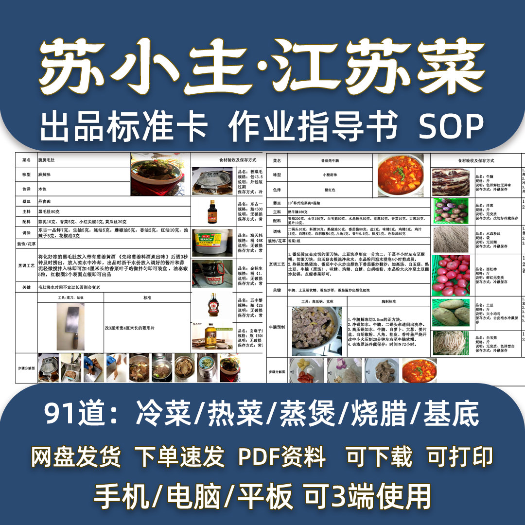 江苏创意菜91道菜品配方苏帮菜餐厅后厨出品后厨标准卡指导SOP