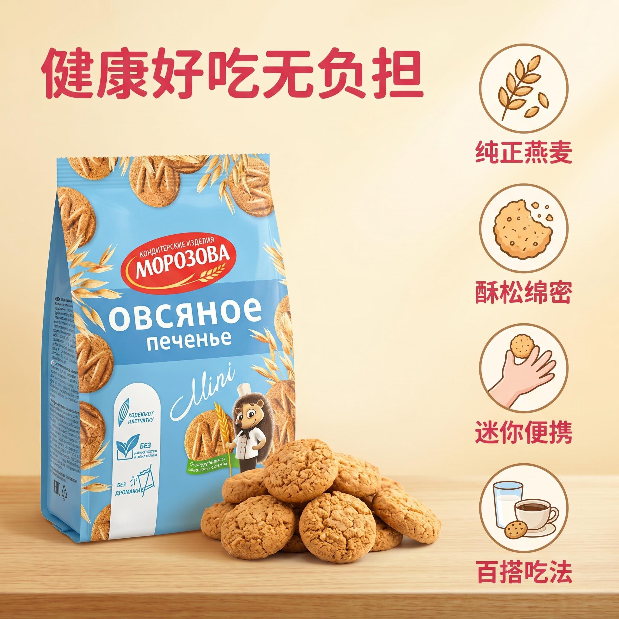 俄罗斯原装进口燕麦饼干儿童早餐小刺猬零食品膳食纤维饱腹代餐