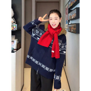 OUDOCKEE韩系圣诞毛衣女士2026新款慵懒风加厚连帽针织衫毛领外套