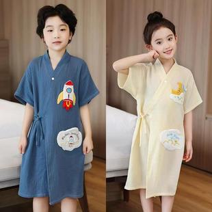 新款 儿童男童女童纯棉纱斜襟浴袍薄款 纯棉浴巾睡袍干可穿纯棉夏季
