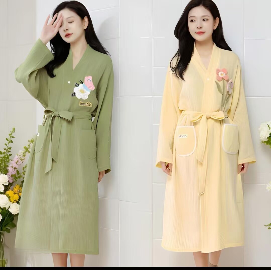 纯棉系带浴袍女长袖花朵刺绣绿色可外穿高级感家居腰带宽松中长款