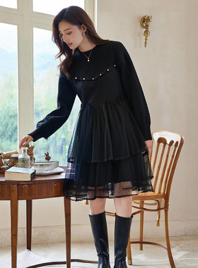 【芭依L】商场品牌女装折扣2025年冬季1199元针织拼接网纱连衣裙