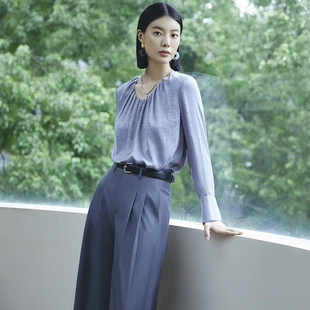 迪系列 专柜379元 新款 折扣2026年春季 圆领褶皱纯色衬衫 女装