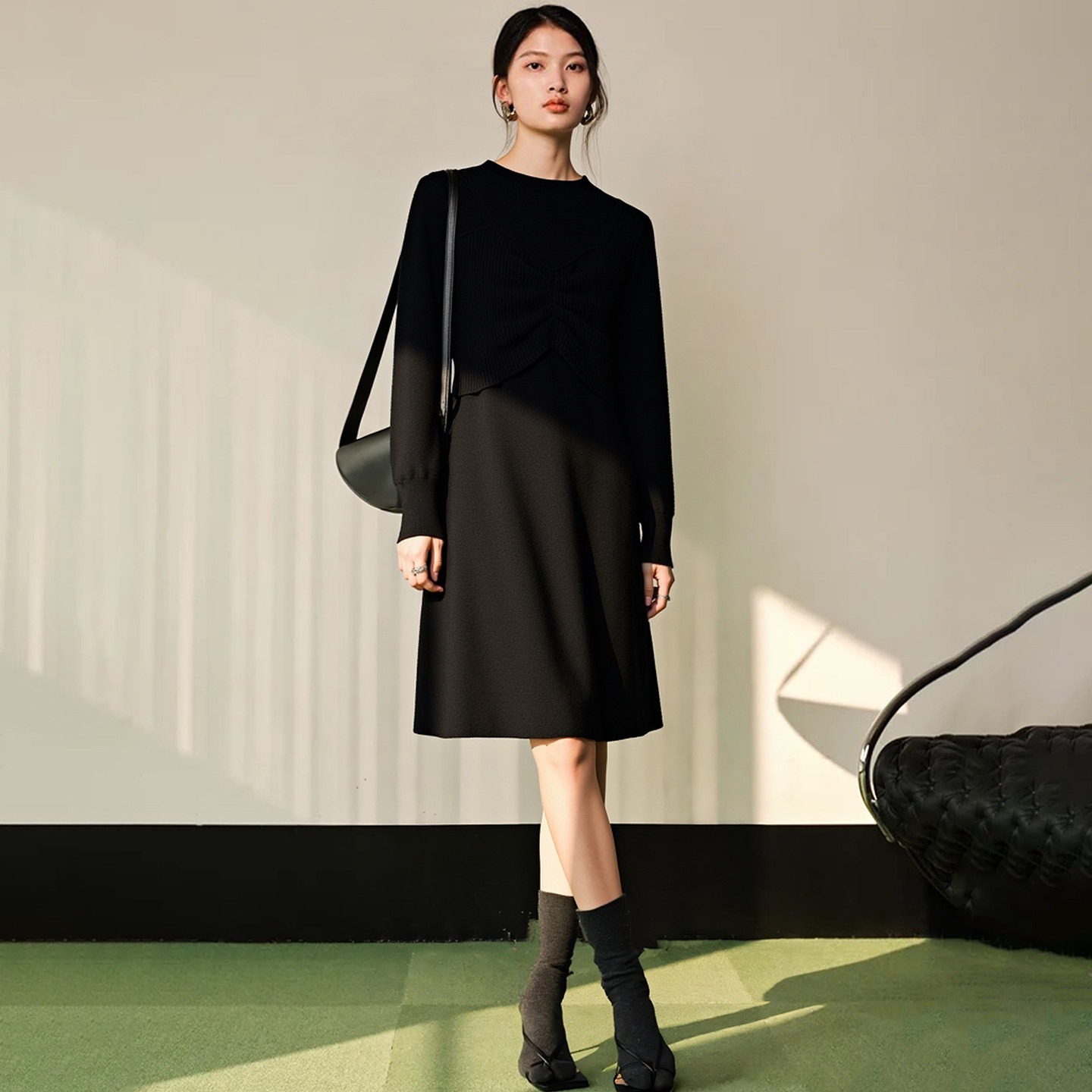 纳系列专柜假两件针织连衣裙