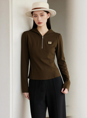 【觅系列】商场品牌女装折扣2025年冬季359元收腰磨毛连帽长袖T恤