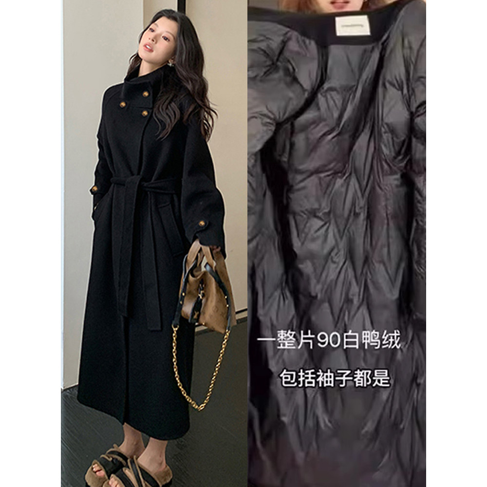 赫本风黑色加绒加厚立领呢大衣女
