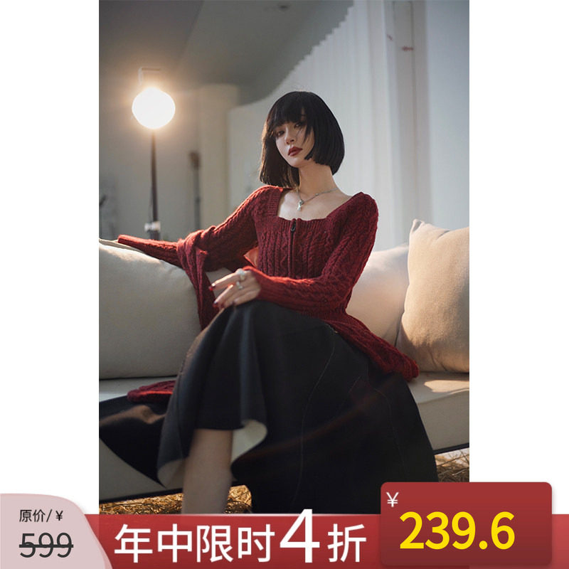 红色毛衣女针织开衫短款上衣方领