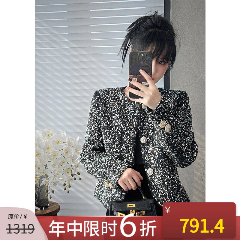纯色名媛风亮片小香风外套